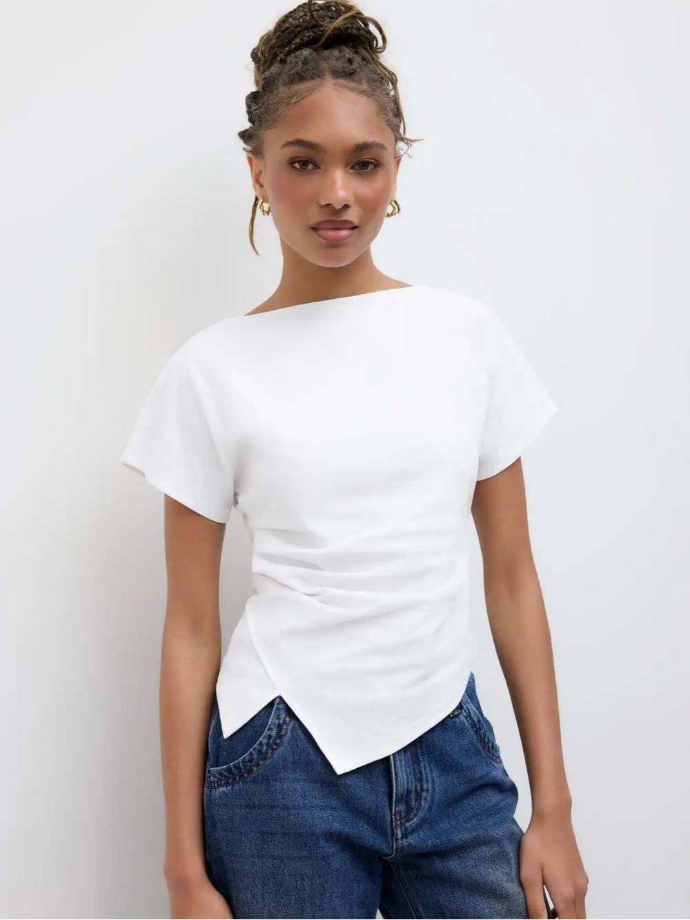Cider White Asymmetric Short Sleeve Top